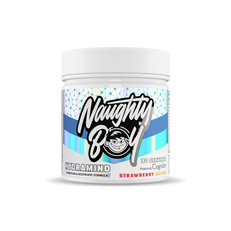 Naughty Boy HydraMind Hydration + Nootropic. 2400mg of Electrolytes, Added Cognizin, Tiger Milk Mushroom, Uridine & Super Reds - 282g (30 Servings) (30 Servings, Strawberry Mango) 30 Servings (Pack of 1)