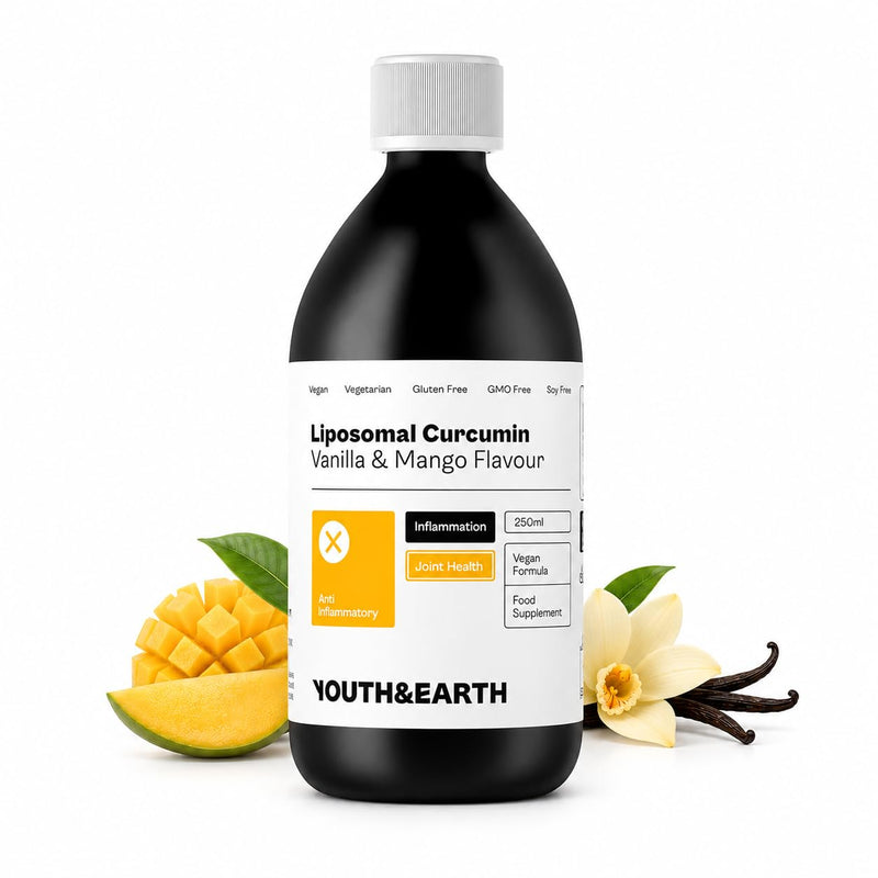 Youth & Earth Liposomal Curcumin Supplements Liquid 250ml – Powerful Anti Inflammatory Supplement for Joint & Cellular Health – Pure Vegan Formula with Vanilla & Mango Flavor – 200mg per Serving