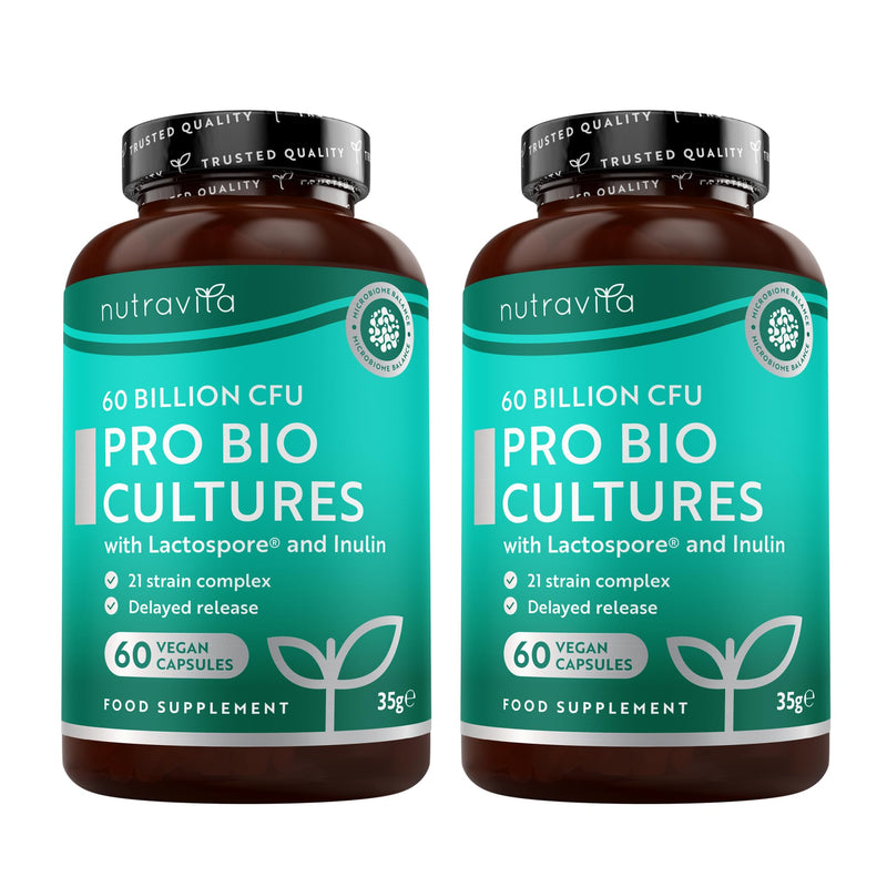Nutravita 60 Billion CFU Probiotic Cultures, Scientifically Backed Lactospore®, 2 Packs of 60 Vegan Capsules, Enteric Coating to Ensure Probiotics are Delivered Directly to The Gut, Made in the UK 60 count (Pack of 2)