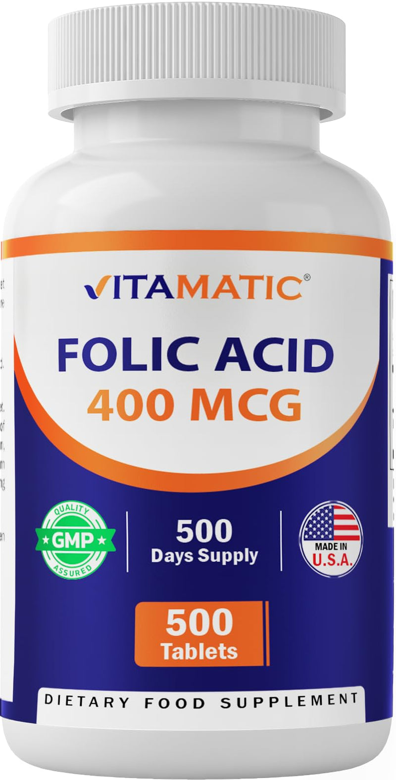 Vitamatic Folic Acid 400 mcg - 500 Vegetarian Tablets - Vitamin B9