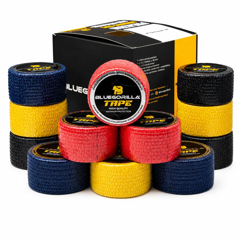 BLUEGORILLA Crosstraining Tape, Sports Tape - Cohesive and self-Adhesive Elastic Bandage - Pack 3,6,12 and 24-5cm x 7m (Wide) and 38mm x 7m (Thin). (Mixed 12 Units 38mm x 7m)) Mixed 12 Units 38mm X 7m)