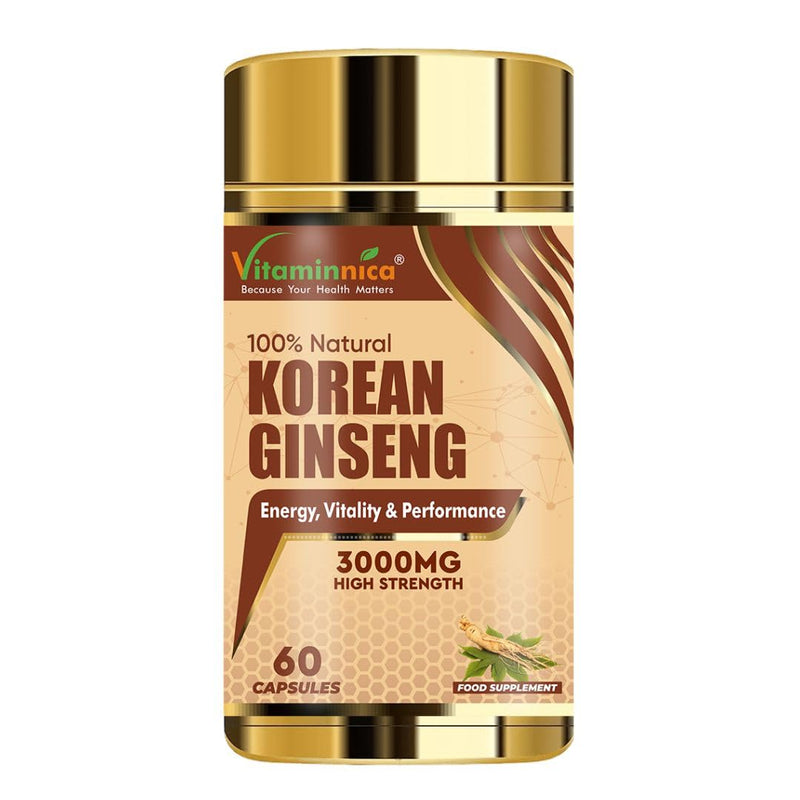 Vitaminnica Korean Ginseng High Strength (Eqv. 3000mg) Energy, Focus, Immune Support & Vitality - Natural Adaptogen for Stress Relief | 60 Veg Capsules
