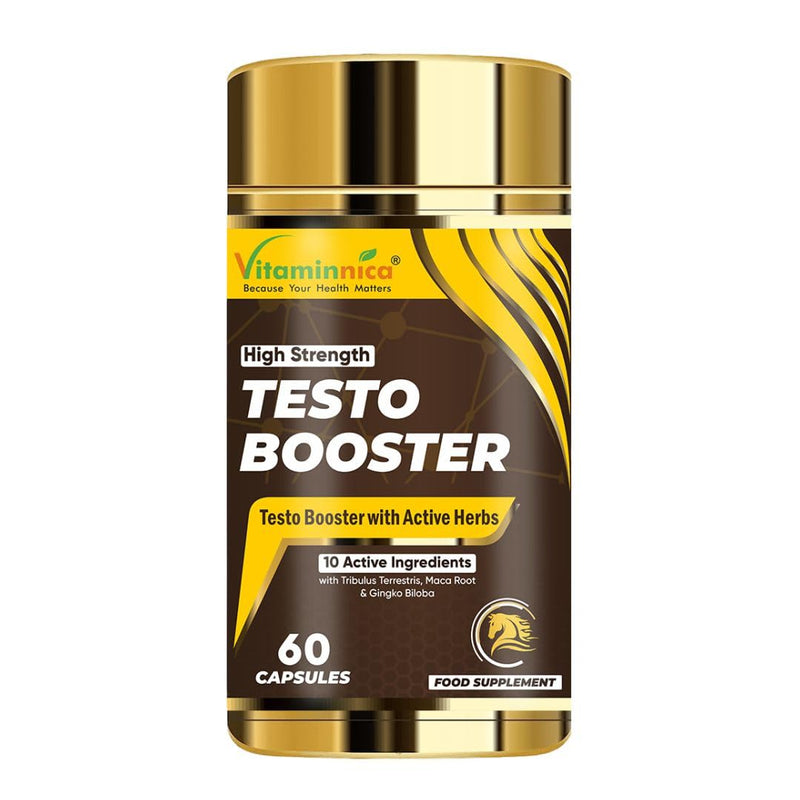 Vitaminnica Testo Booster Capsules - Natural Testosterone Support for Energy, Muscle Growth, Stamina & Vitality- Ashwagandha, Tribulus, & Maca Root- 60 Capsules