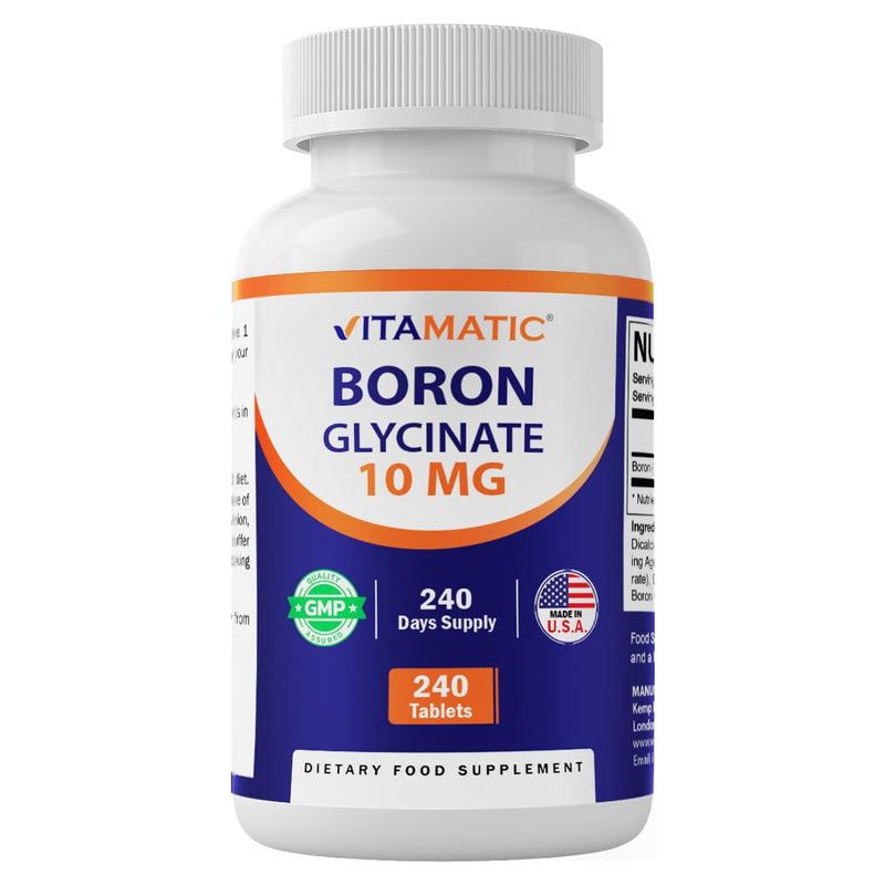 Vitamatic Chelated Boron (as Glycinate) 10mg 240 Tablets - Supports Hormone Balance, Bone Health & Connective Tissue