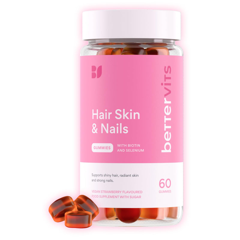 Bettervits Hair, Skin and Nails Vitamins | Hair Growth Vitamins A, B6, C, D, E with Zinc & Selenium| Biotin Gummies for Women - Nails Strengthen and Glowing Skin | 60 Vitamin Gummies 60 count (Pack of 1)