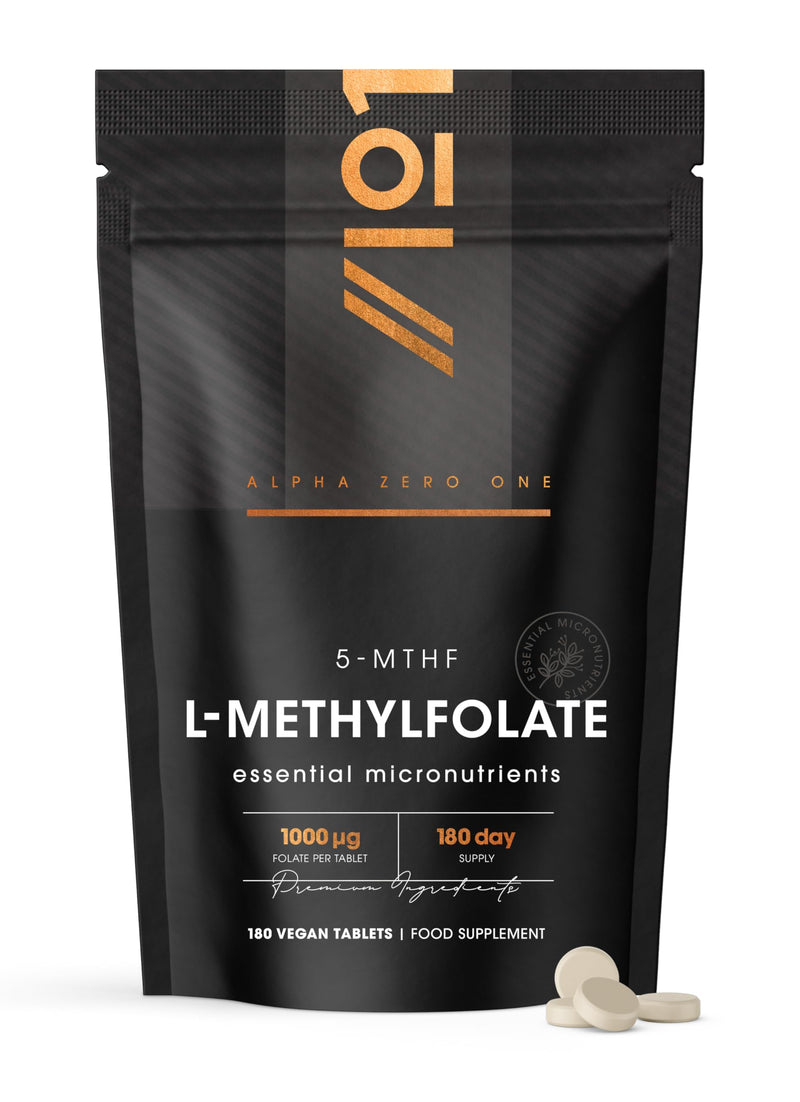 Folate (L-Methylfolate) 1000μg – 180 Vegan Tablets – L-5-MTHF Active Form of Folic Acid/Vitamin B9 - Resealable and Recyclable Pouch by Alpha01 1 count (Pack of 180)