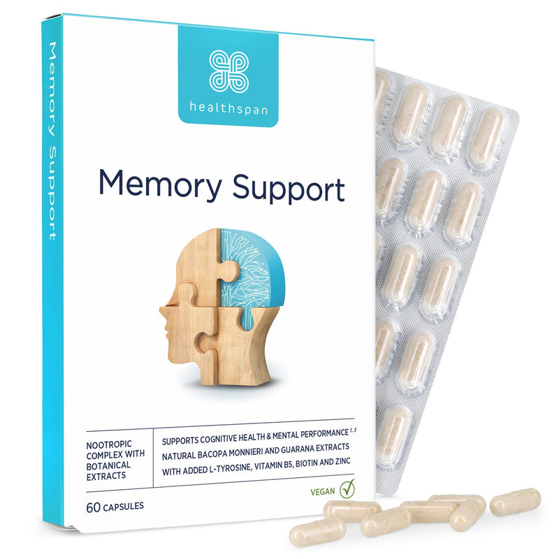 Healthspan Memory Support (60 Capsules) | Supports Your Concentration, Memory and Cognitive Health | Biotin and Zinc | Bacopa Monnieri Extract and Guarana for Alertness | Vegan
