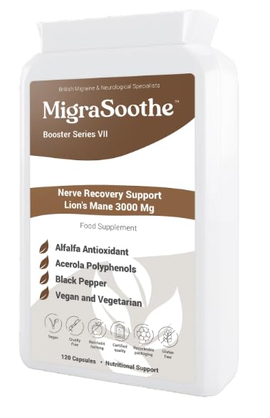 Migraine MigraSoothe Booster Series VII Lion's Mane 3000 Mg Migraine Nerve Recovery Repair Support UK Made and Allergen Free - 120 Capsules