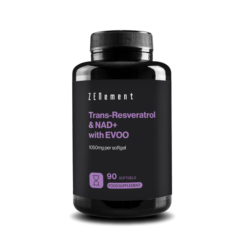 Trans-Resveratrol & NAD+ with Extra Virgin Olive Oil, 1055mg per Softgel - High Absorption and Synergistic Formula - 90 Softgels for 3 Months, Anti-Ageing and Sirtuin Activator - Zenement