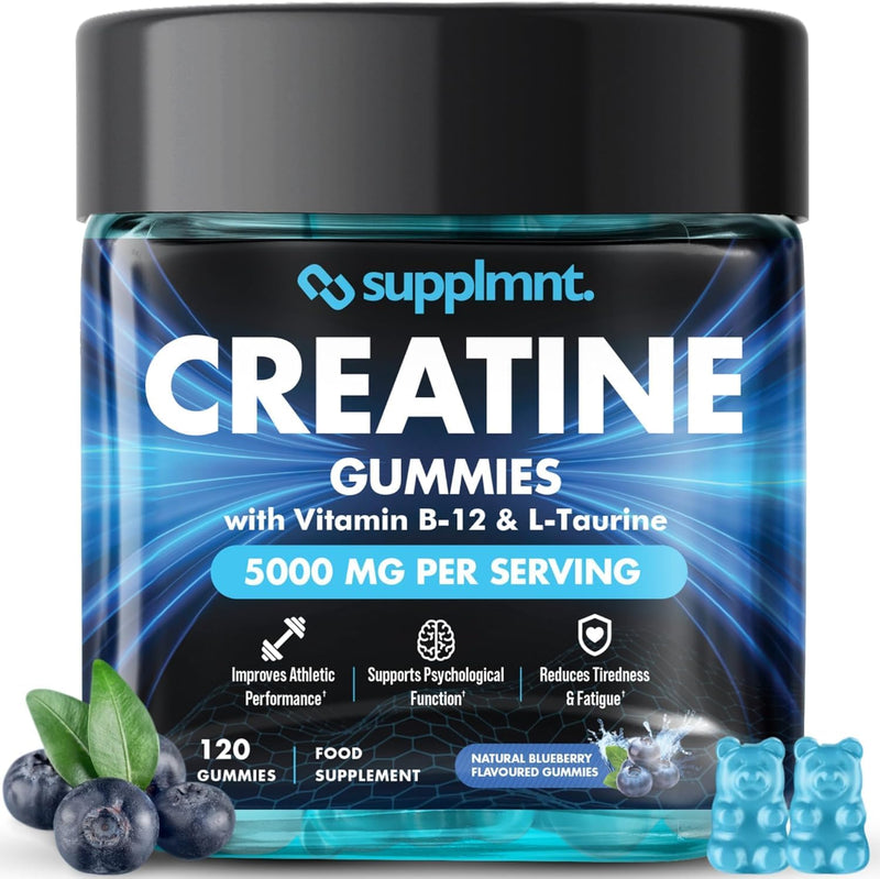 Supplmnt. Creatine Gummies 5000mg Lab-Tested 120ct Max Strength Muscle Growth/Recovery Supplements for Men & Women Creatine Monohydrate B12 & L-Taurine Vegan Gym Pre Workout Gummies, Blueberry