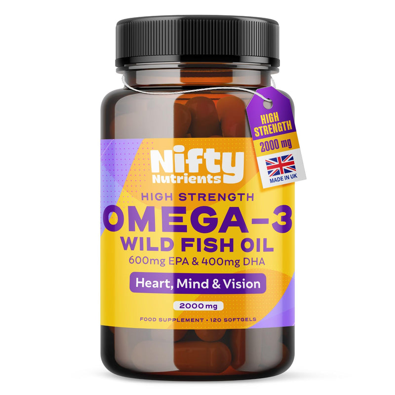 Omega 3 Capsules High Strength Pure Natural Wild Fish Oil Capsules | 2000mg High Strength Softgels | Providing a High Source of EPA & DHA | Made in the UK