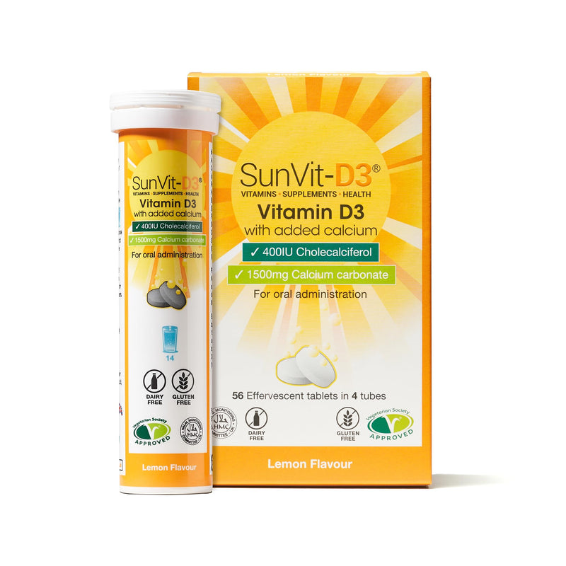 Sunvit-D3 Dissolvable Effervescent Lemon Calcium Fizzy Tablets 600mg, with Vitamin D3 400IU Daily Support for Strong Bones & Immune Health, Effervescent Calcium and Vitamin D Tablets 14 X 4 Tubes