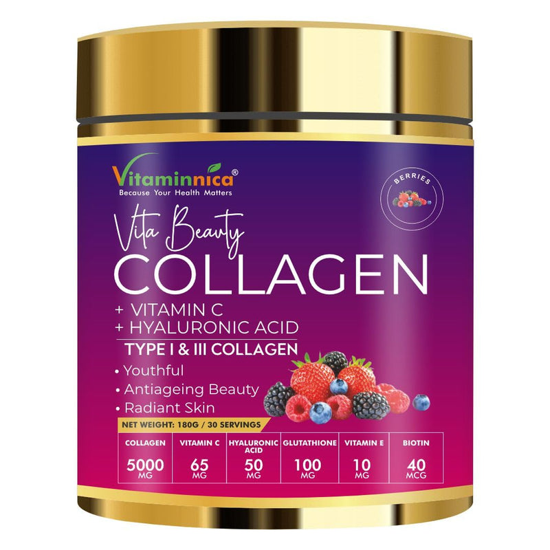 Vitaminnica Vita Beauty Collagen Powder | Type I & III Collagen with Hyaluronic Acid, Biotin, Zinc, & Vitamin C | Supports Skin, Hair, Nails & Joints | 30 Servings (Berries) Mix Berry