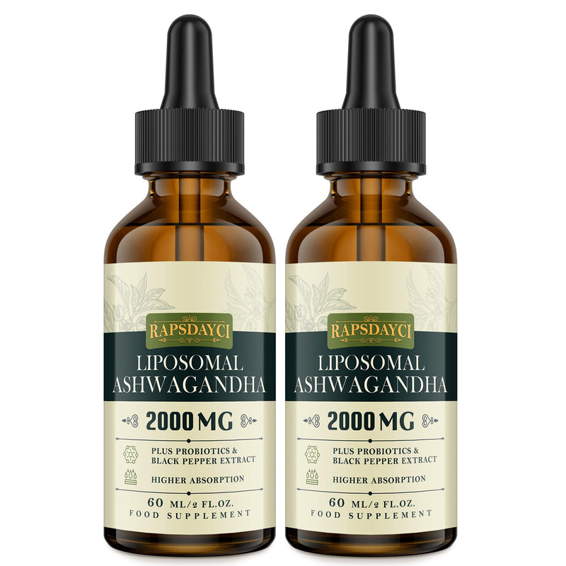 2000mg Liposomal Ashwagandha Liquid Drops, Pure High Strength Ashwagandha Root Extract with 7% Withanolides, 5X Concentration, Absorbed Faster Than Capsules, 60 ml (Pack of 2) 60 ml (Pack of 2)