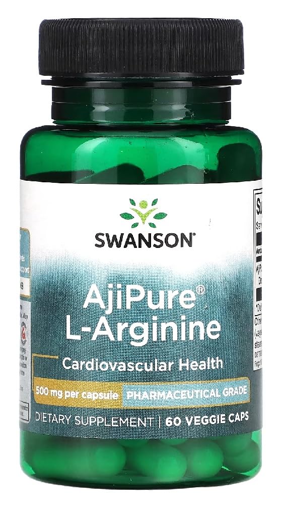 Swansons Swanson - AjiPure L-Arginine 500mg | Pharmaceutical-Grade Amino Acid for Nitric Oxide & Circulation Support | 60 Capsules