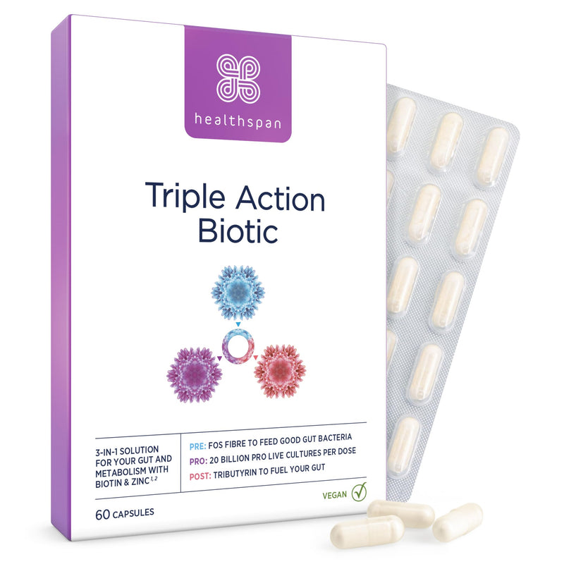 Healthspan Triple Action Biotic | Optimal Gut & Digestion Support | Pre, Pro & Post Gut Health | Chicory Root Fibre | 20 Billion Probiotic Bacteria | Plus Tributyrin | Added Biotin & Zinc | Vegan