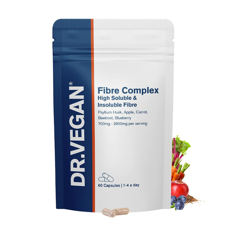 DR.VEGAN® Fibre Complex | Vegan High Fibre Supplement | Psyllium Husk, Apple, Carrot & Beetroot Fibre | Additive-Free, Gluten-Free | 60 Capsules, 2-A-Day