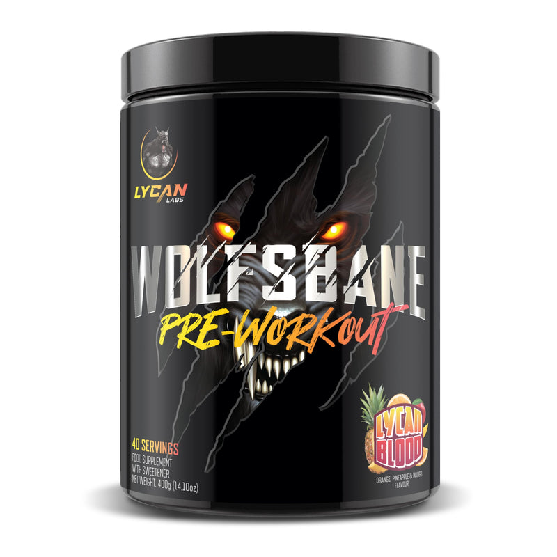 Wolfsbane Strong Pre Workout Powder – High Stim Energy, Pump & Focus, 350mg Caffeine, 6g Citrulline, 3.2g Beta‑Alanine, Mango, Pineapple & Orange, 40/20 Servings Lycan Blood - Mango, Pineapple, Orange