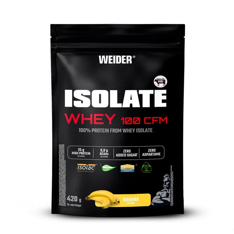 Weider Isolate Whey 100CFM (420g) Banana Flavour, Protein 100% Isolate Whey from Isolac®, 25g Protein/Portion, with Digestive Enzymes Digezyme®, No Added Sugar, No Aspartame, Low Fat, 14 Servings 420g