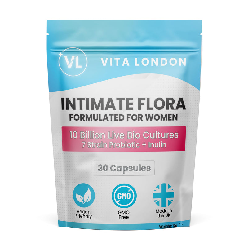 Intimate Flora Probiotics for Women | 10 Billion Live Bio Cultures | 7 Strain Probiotic + Inulin | 30 Capsules (Not Tablet, Gummies or Powder) | Vegan, Made in UK 30 count (Pack of 1)