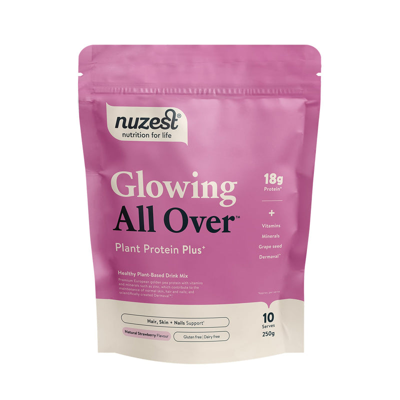 Nuzest Protein Plus | Glowing All Over | Strawberry | Support of Healthy Hair, Skin, Nails and Collagen Production | Vitamins and Minerals | 250g (10 Servings)