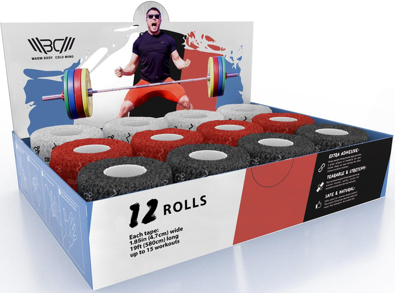 WARM BODY COLD MIND Weight Lifting Thumb Tape - Hook Grip Tape for Crossfit, Weightlifting Powerlifting Deadlift, Sticky & Stretchy Athletic Grip Tape 19ft x 1.85in 12 Rolls MixV1