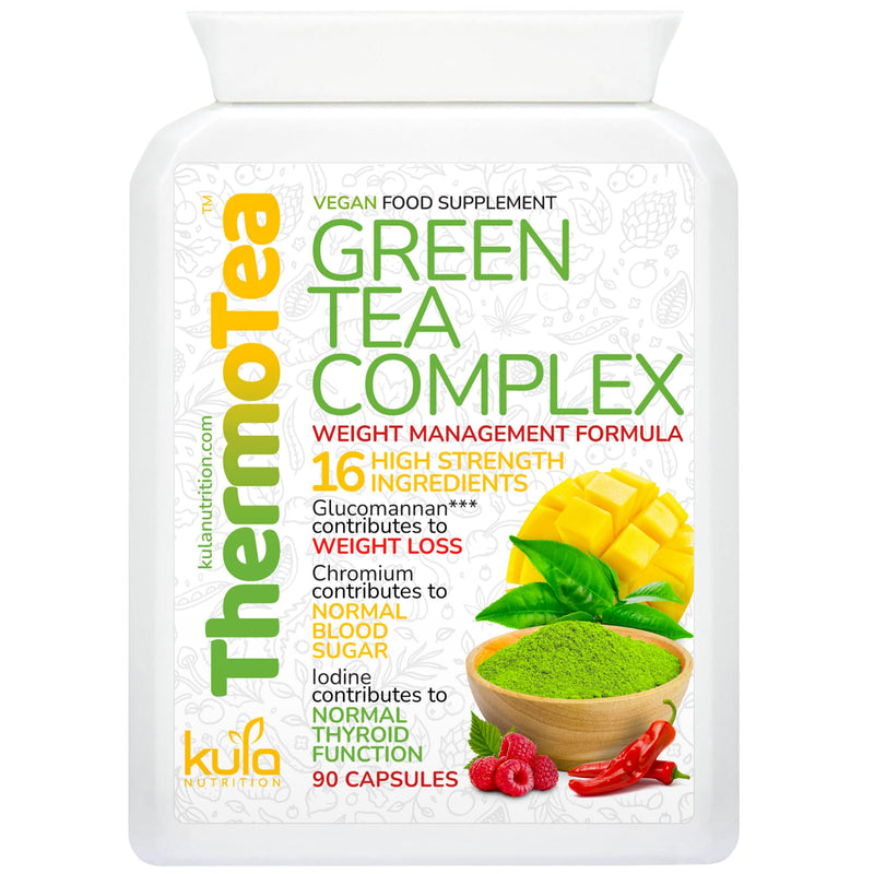 ThermoTea - Thermogenic Green Tea Complex for Weight Management with Glucomannan Konjac Soluble Fibre, Raspberry Ketones, African Mango, Chilli, L-Tyrosine, Vitamin B6 and Chromium - 90 Vegan Capsules