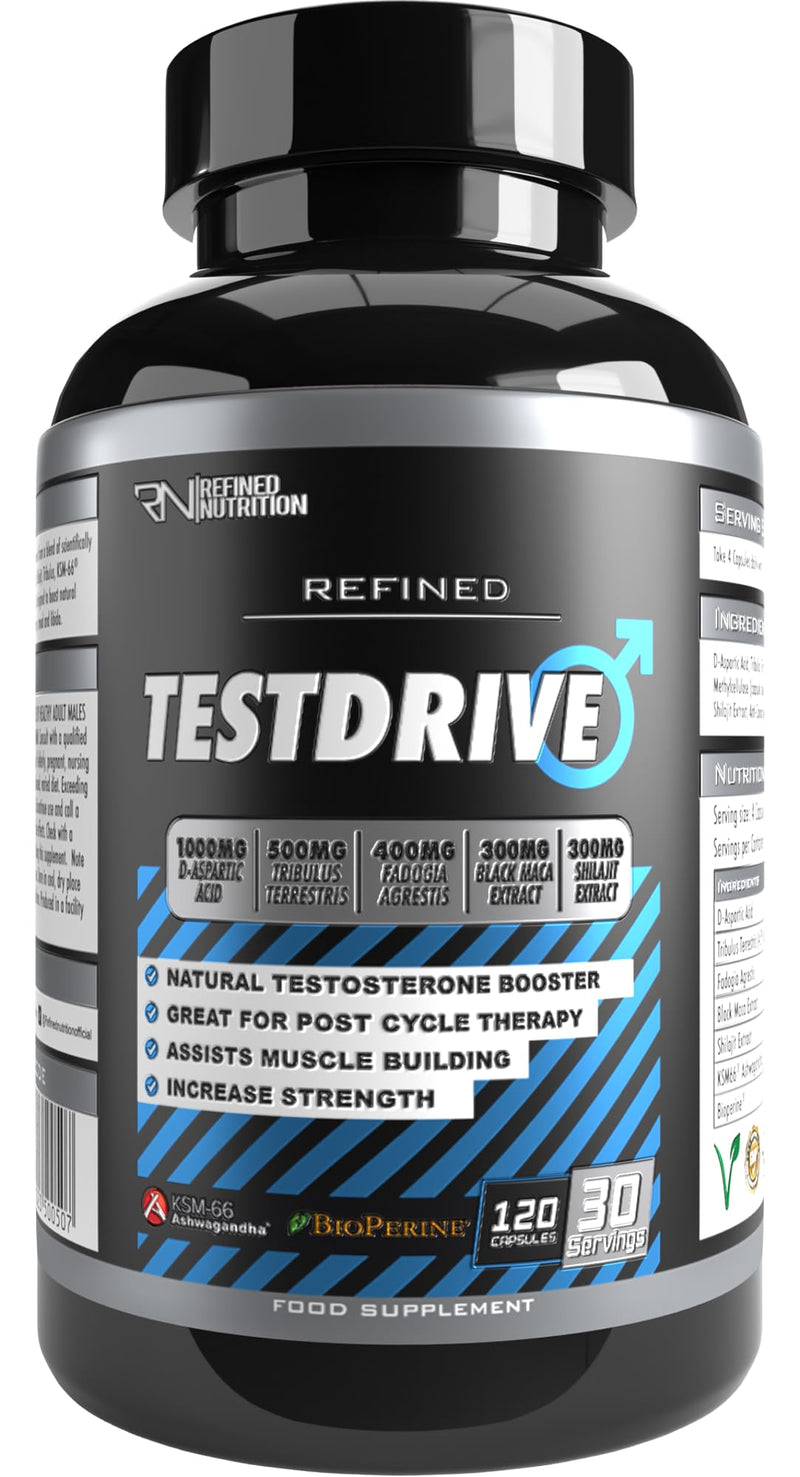 Refined Nutrition Testosterone Booster for Men (120 Capsules) - Natural Testosterone Supplements with D-Aspartic Acid, Ashwagandha KSM-66, Maca & Shilajit for Support Strength