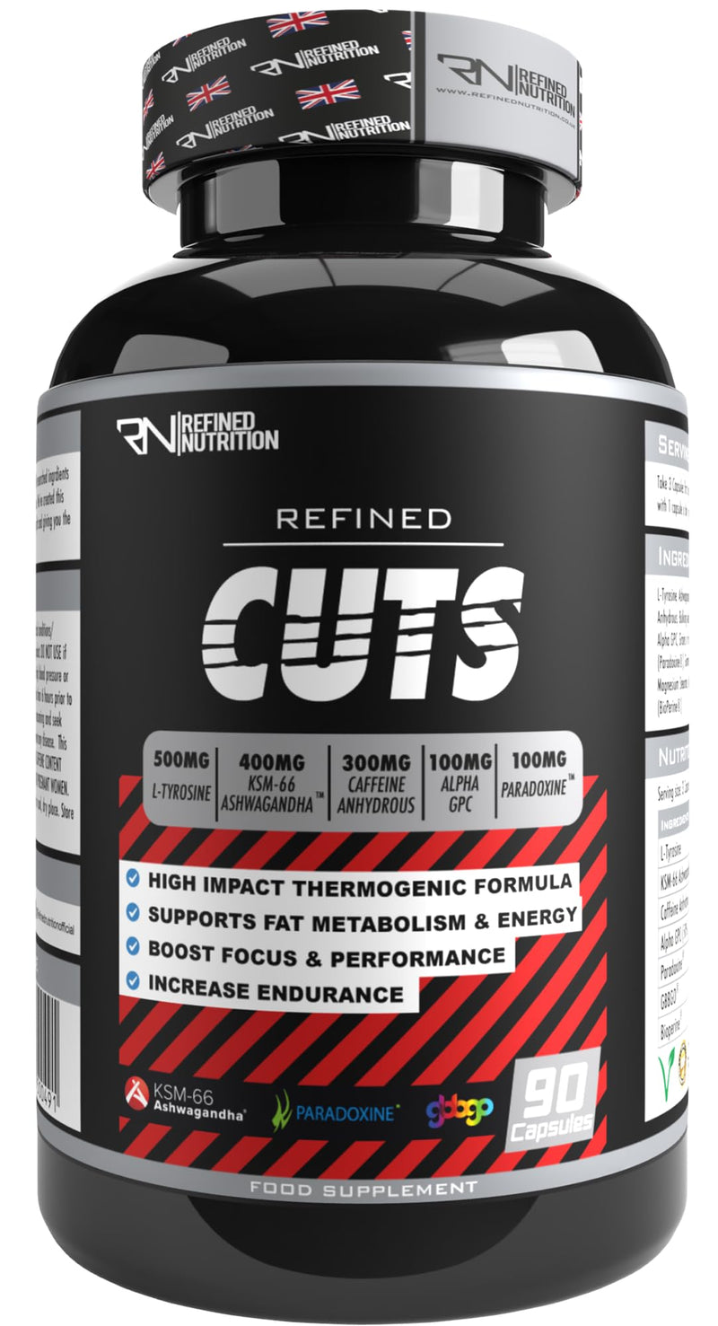 Refined Nutrition Cuts 300mg Caffeine Thermogenic Fat Burner - 90 Vegan Capsules for Weight Management, Energy, Focus & Metabolism Support with KSM-66 Ashwagandha
