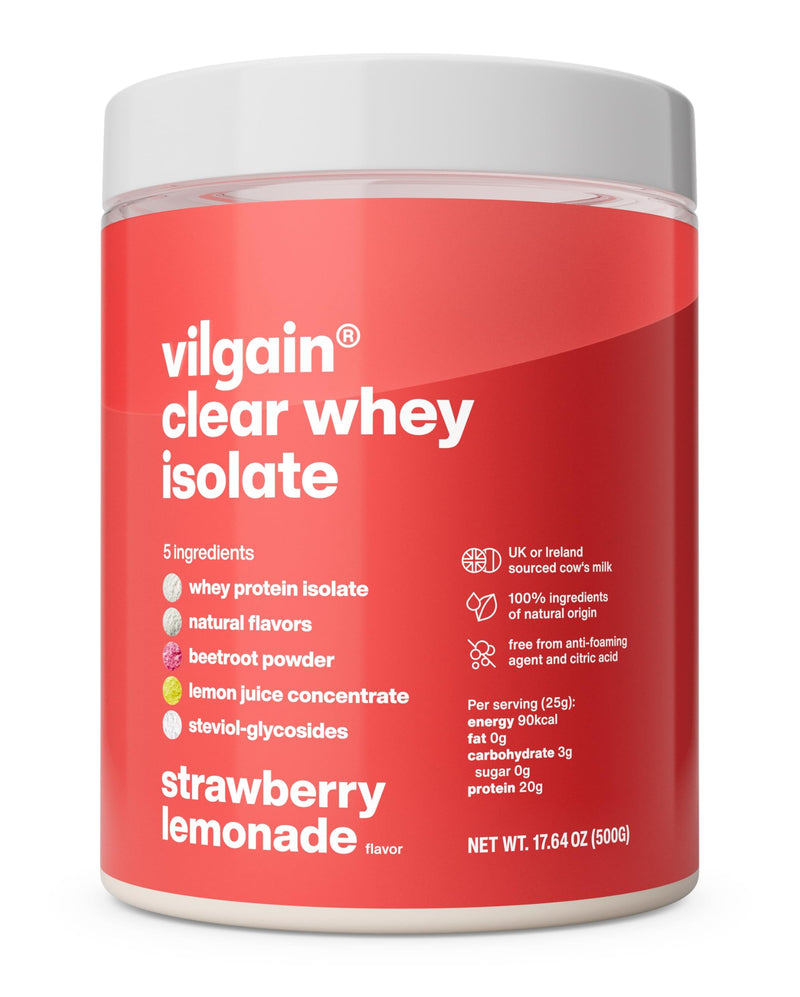 Vilgain Clear Whey Isolate 500g Refreshing Protein Lemonade with 84% Protein | Naturally Sweetened with Stevia Strawberry Lemonade