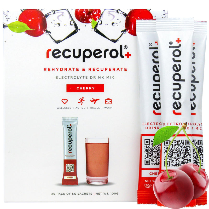 Recuperol Electrolytes Sachets - Rehydration Electrolytes Powder with Zinc, Vitamin C, B12, D3 & Potassium for Hydration - Sugar Free, Vegan & Low Calorie - Cherry 20 Pack