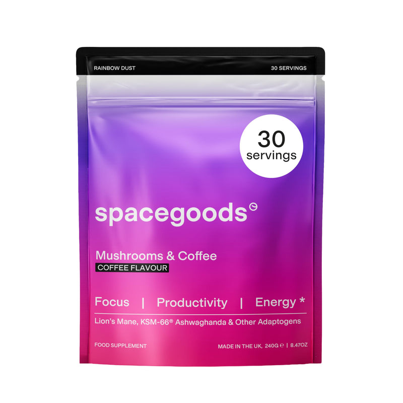 Spacegoods Rainbow Dust 240g | 30 Servings | Flavoured Mushroom Coffee | 120mg of Natural Caffeine | Lions Mane, Chaga, Ashwagandha & Vitamin B5| Sharper Focus, Energy & Calm | Coffee 240 g (Pack of 1)
