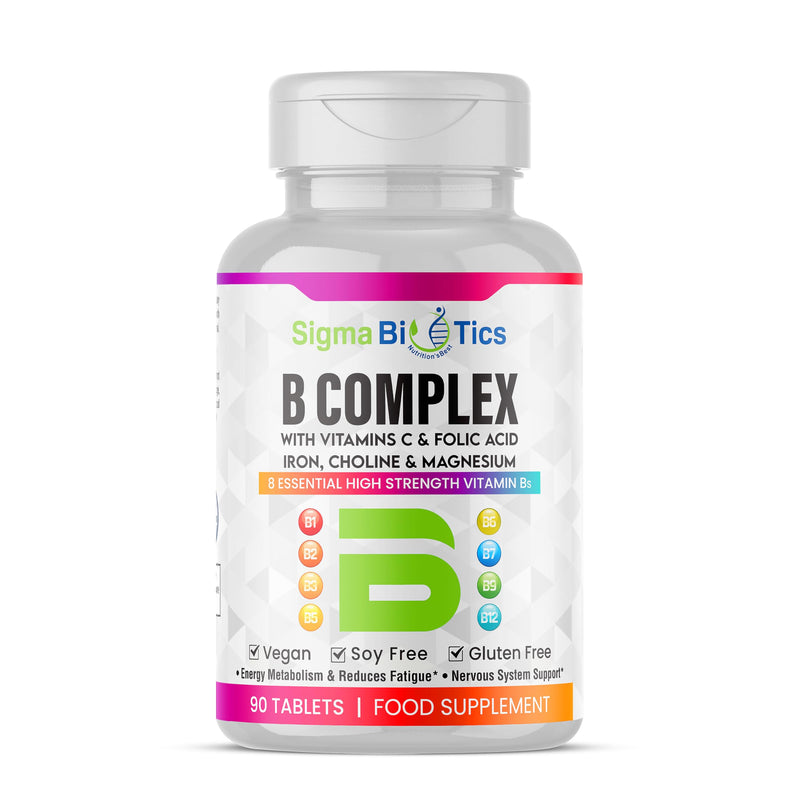 8 B Complex Vitamins, B12, Vitamin C - Folic Acid, Biotin, Choline, Magnesium, B1, B2, B3, B5, B6 Vitamins - Vegan & Gluten Free - 90 Tablets - One Per Day - 3 Months Supply
