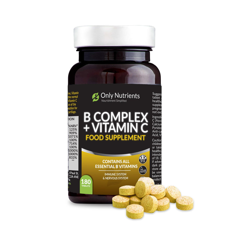 B Complex + Vitamin C Tablets Supplement, Comprehensive Vitamin B Complex, High-Strength Energy, Nervous & Immune System Support with Biotin, 180 Multivitamin Tablets for Women/Men