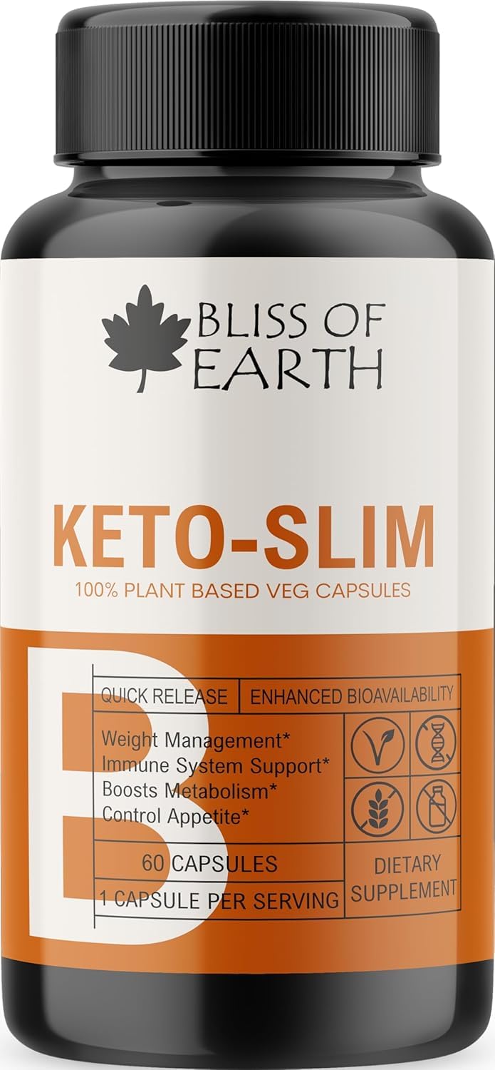 Bliss of Earth Keto Slim Weight Management Pills, Keto Diet Safe, Natural Fat Burner, Appetite Suppressant, Non-GMO, Gluten Free, 60 Veg Capsules