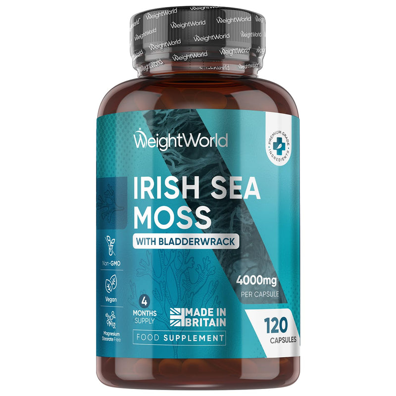 Irish Sea Moss 4000mg - 4 Months Supply - 120 Sea Moss Capsules - Added with 639mg of Bladderwrack - 1 Capsule a Day - Made in the UK - Non-GMO - Vegan & Magnesium Stearate-Free Supplement