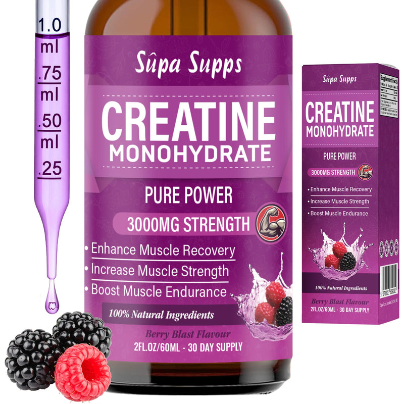 Creatine Monohydrate Drops 60ml - Liquid Alternative to Creatine Monohydrate Powder, Ideal for Gym Performance, Bulk Creatine Formula, Supports Muscle Growth, Recovery, and Energy - Berry Flavour 60 ml (Pack of 1)