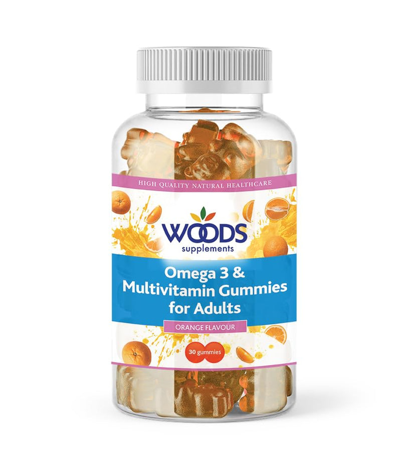 Woods Supplements - Omega 3 & Multivitamin Gummies for Adults (30x). 220mg Plant-Based Omega 3 from Flaxseed, 8 Essential Vitamins Including A, C, D3 & E, Orange Flavour, Daily Nutritional Support 30