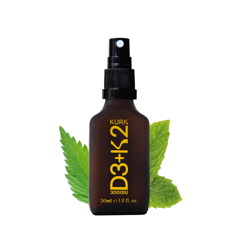 KURK Vegan Vitamin D3 K2 Spray for Everyday Wellness and Normal Muscle Function, Delivers Vitamin K2 MK-7 and 3000IU D3, Plant Based with Natural Ingredients, Refreshing Mint Taste (30ml)