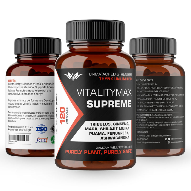 Vitality Max Supreme - Premium Vitality Health Supplement with Fenugreek, Panax Ginseng, Ashwagandha, Maca, Tribulus Terrestris, Himalayan Shilajit - 120 Vegan Supplements Capsules