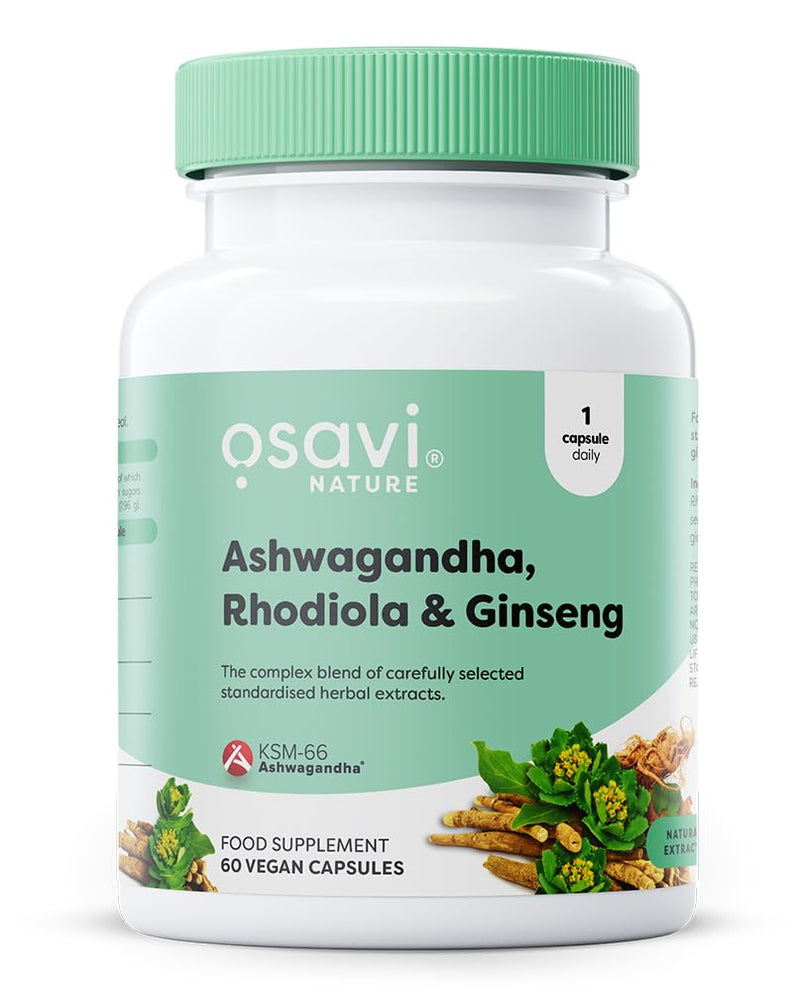 Osavi Ashwagandha, Rhodiola & Ginseng – 60 Vegan Capsules | Stress & Energy Support | Powerful Blend with KSM–66® Ashwagandha | Rhodiola & Ginseng Root Extracts for Resilience | Focus & Vitality