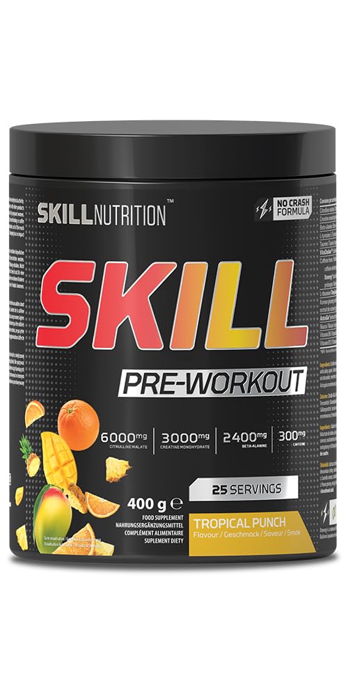 Skill Nutrition Pre-Workout Tropical Punch - No-Crash Formula with Extended-Release Caffeine | Xtenergy®, TheaGreen™, Vitacholine®, Astragin® | Vegan, Halal | B-Vitamins, Citrulline, Beta-Alanine