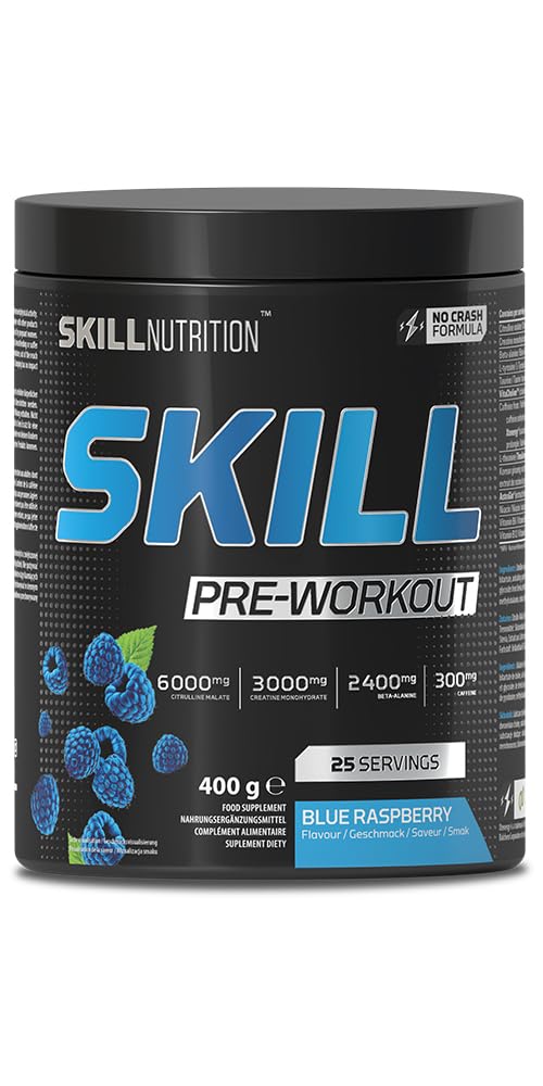 Skill Nutrition Pre-Workout Blue Raspberry - No-Crash Formula with Extended-Release Caffeine | Xtenergy®, TheaGreen™, Vitacholine®, Astragin® | Vegan, Halal | B-Vitamins, Citrulline, Beta-Alanine