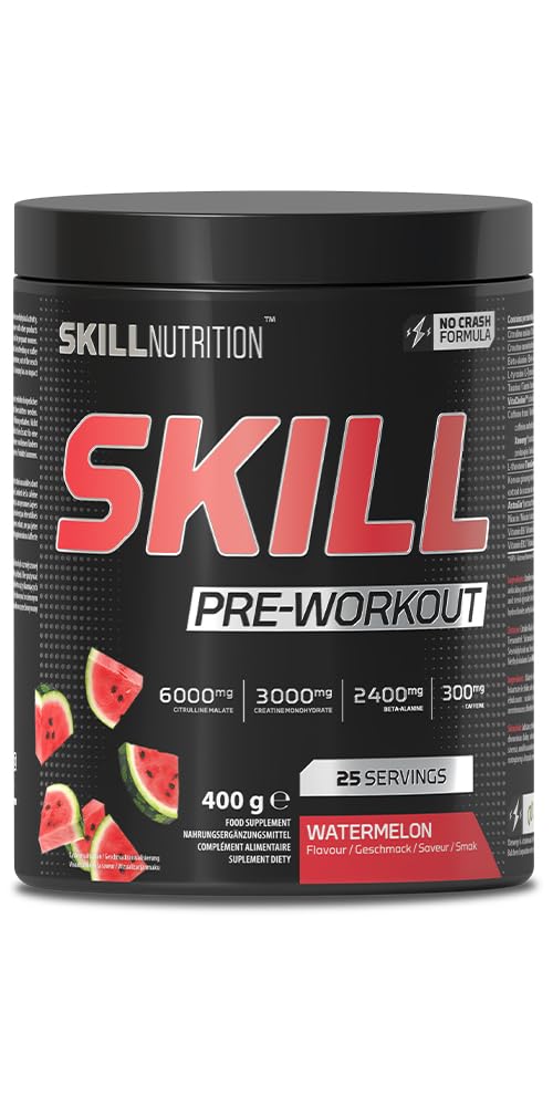 Skill Nutrition Pre-Workout Watermelon - No-Crash Formula with Extended-Release Caffeine | Xtenergy®, TheaGreen™, Vitacholine®, Astragin® | Vegan, Halal | B-Vitamins, Citrulline, Beta-Alanine