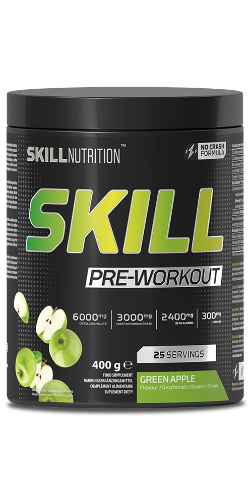 Skill Nutrition Pre-Workout Green Apple - No-Crash Formula with Extended-Release Caffeine | Xtenergy®, TheaGreen™, Vitacholine®, Astragin® | Vegan, Halal | B-Vitamins, Citrulline, Beta-Alanine