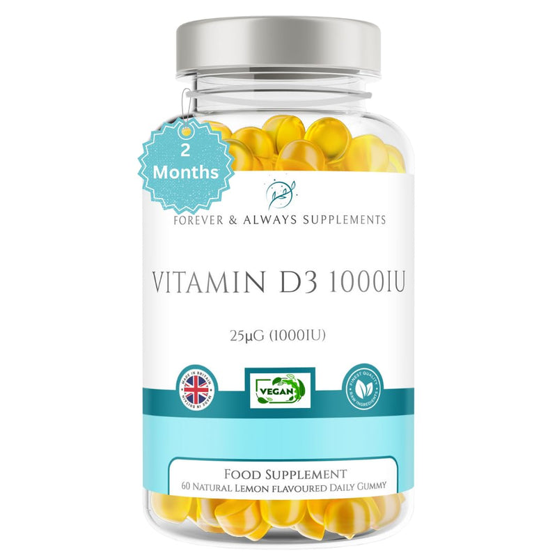 Vitamin D3 1000iu / 25μg Gummy - Adults & Children 12+ Years - 60 x High Strength Lemon Flavour Gummies - 2 Months Supply - Vitamin D Supplement Teeth, Bone, Muscles & Immune System Support