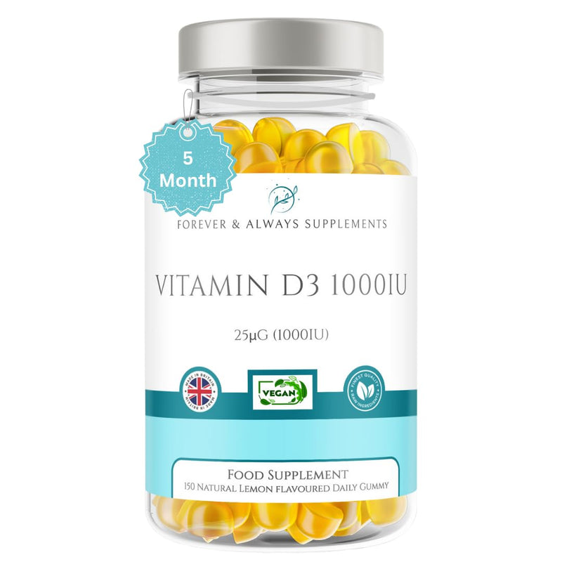 Vitamin D3 1000iu / 25μg - 12+ Years 150 x High Strength Lemon Flavour Gummies - 5 Months Supply - Vitamin D Supplement Teeth, Bone, Muscles & Immune System Support