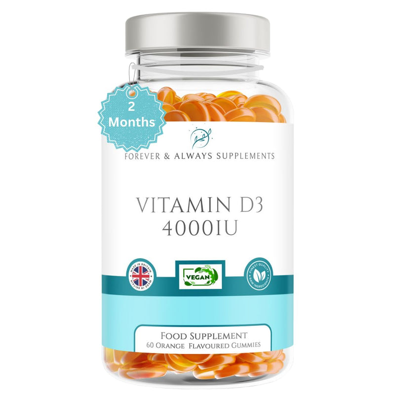 Vitamin D3 4000iu Gummies - High Strength 100μg Gummy - 60 Orange Flavoured Gummies - Vitamin D Supplement Teeth, Bone, Muscles & Immune System Support