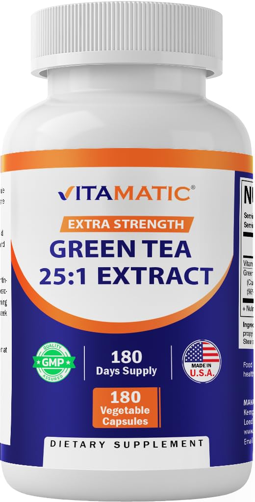 Vitamatic Green Tea Extract with Vitamin C, 25X Concentrate, 98% Polyphenols, 80% Catechins, 50% EGCG, 180 Veg Capsules