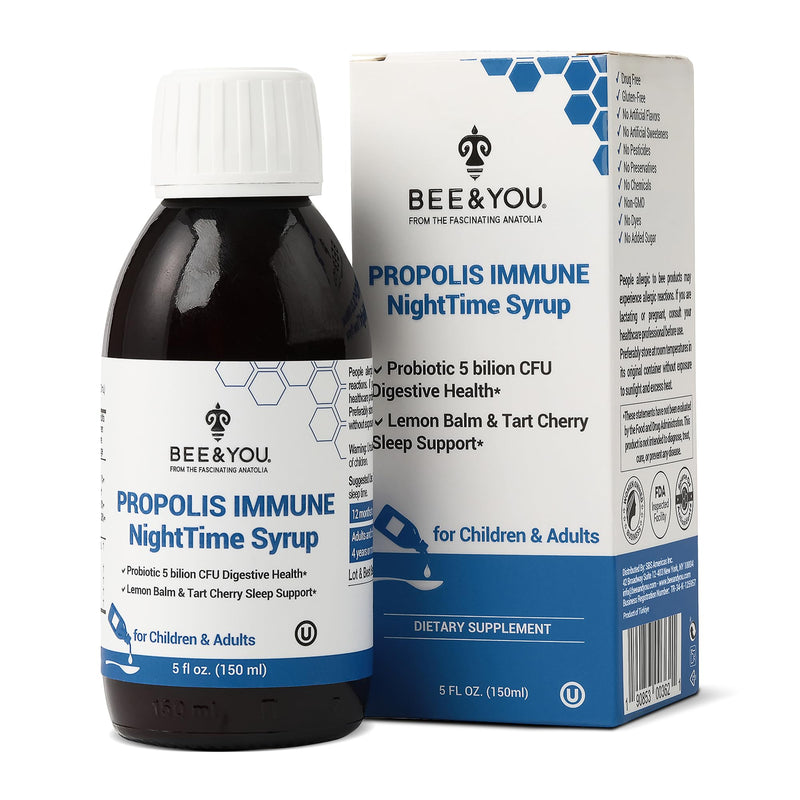 Bee and You Propolis Immune Nighttime Syrup with Probiotic & Vitamin C – Immune & Digestive Support, Healthy Sleep & Gut Health, Antioxidant Rich, 150 ml
